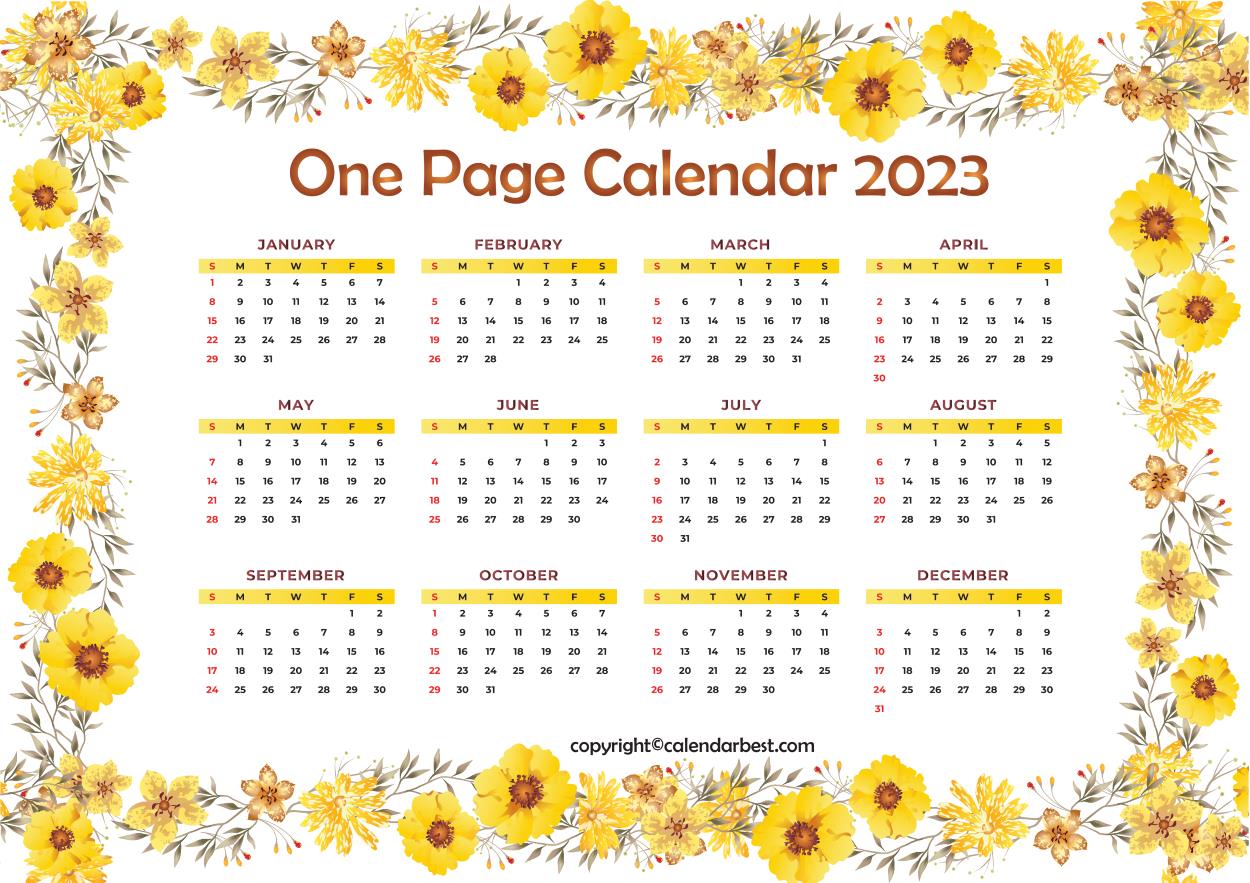 Printable one page calendar 2023