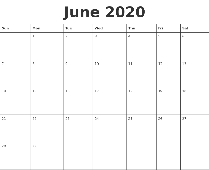June 2020 Editable Calendar