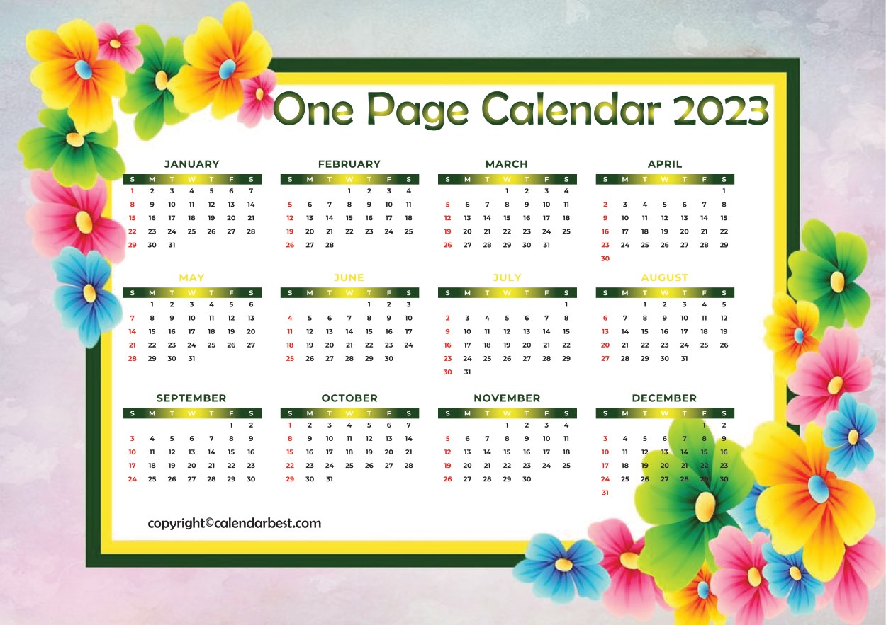One page calendar 2023 free