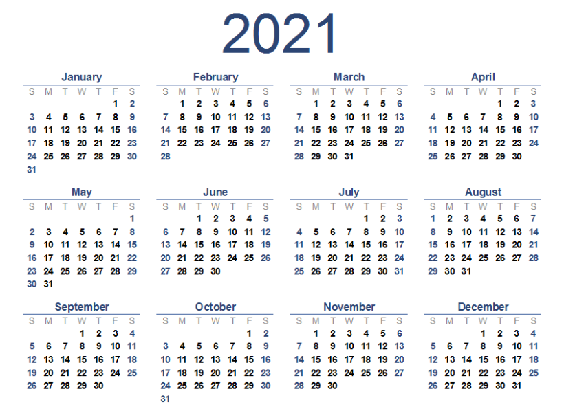 2021 Yearly Calendar Printable One Page