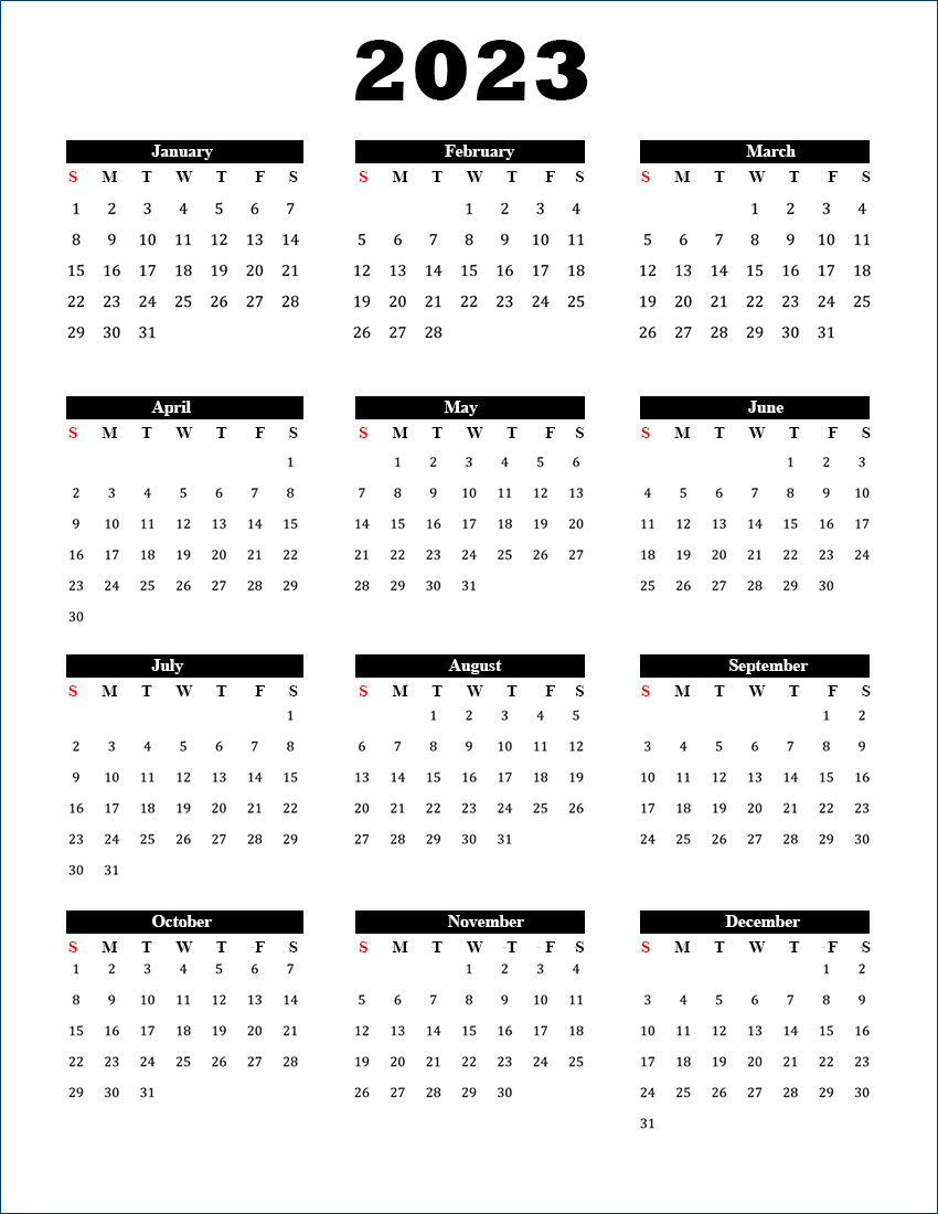 Free Printable One Page 2023 Calendar Time And Date Calendar 2023 Canada