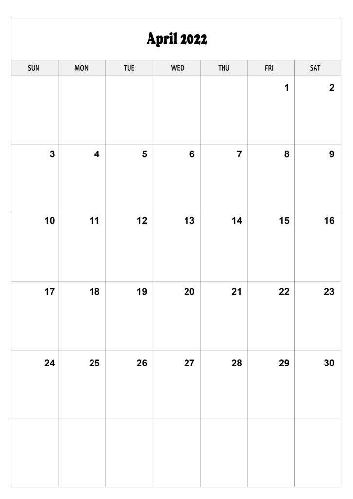 A4 April Calendar 2022