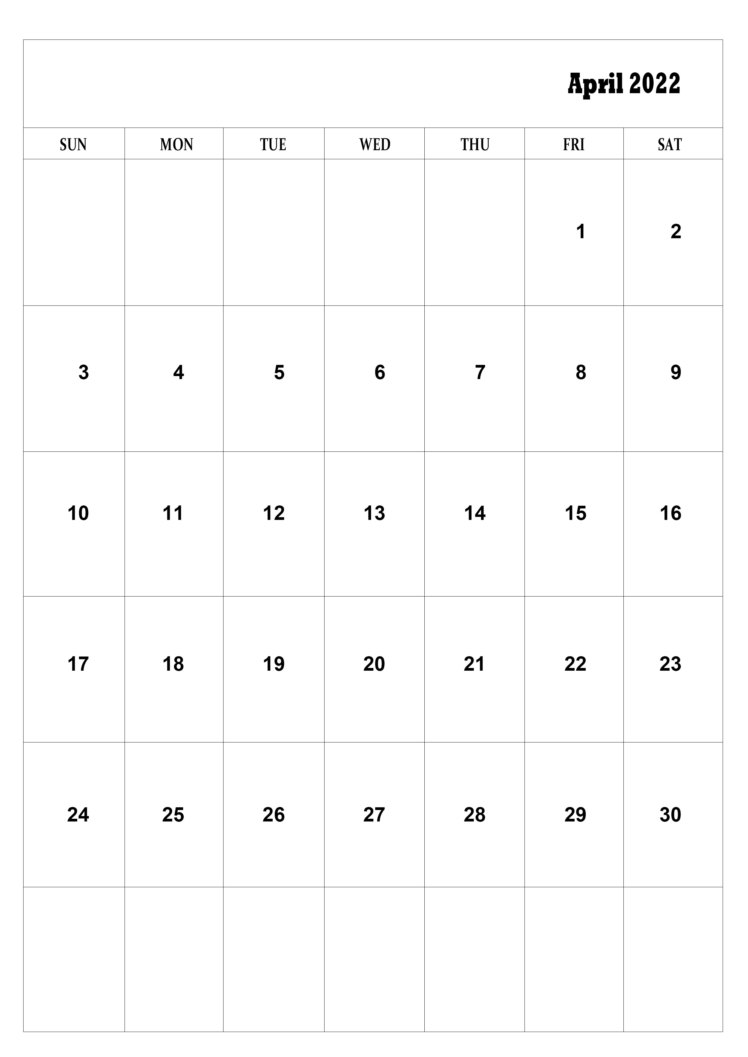 Free Printable April Calendar 22 Size Template