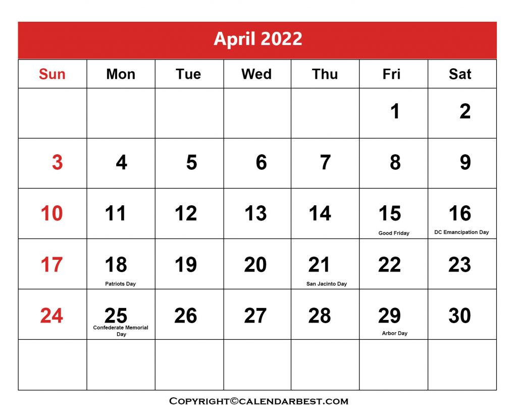 April Calendar 2022 with Holidays