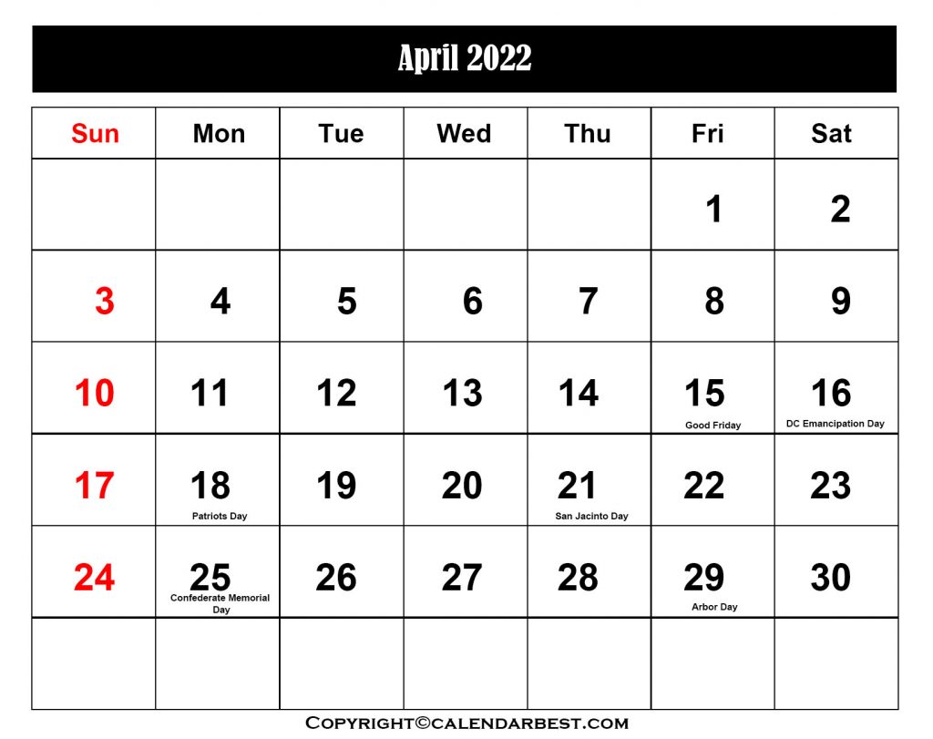 April Holiday Calendar 2022 Template
