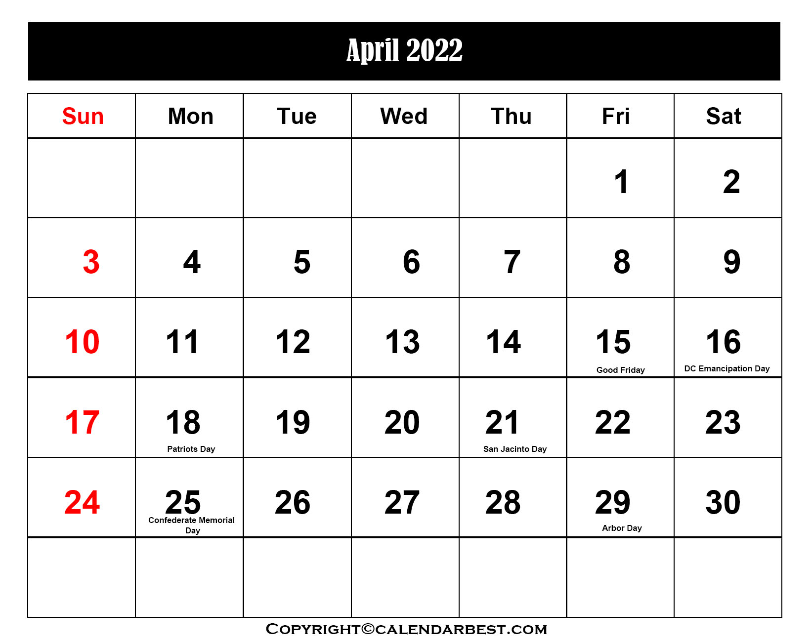 Free Printable April Calendar 2022 with Holidays in PDF