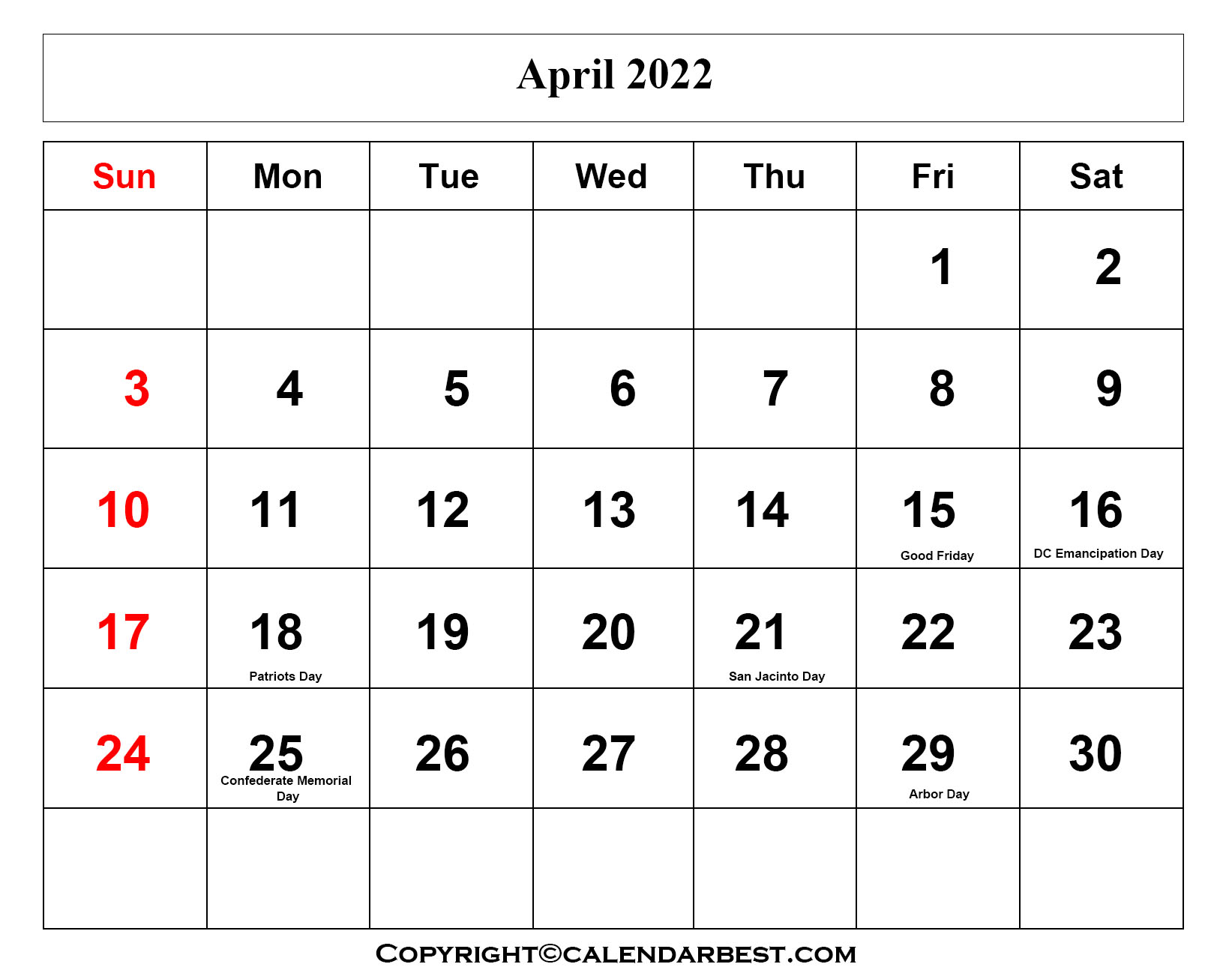 Free Printable April Calendar 2022 with Holidays in PDF