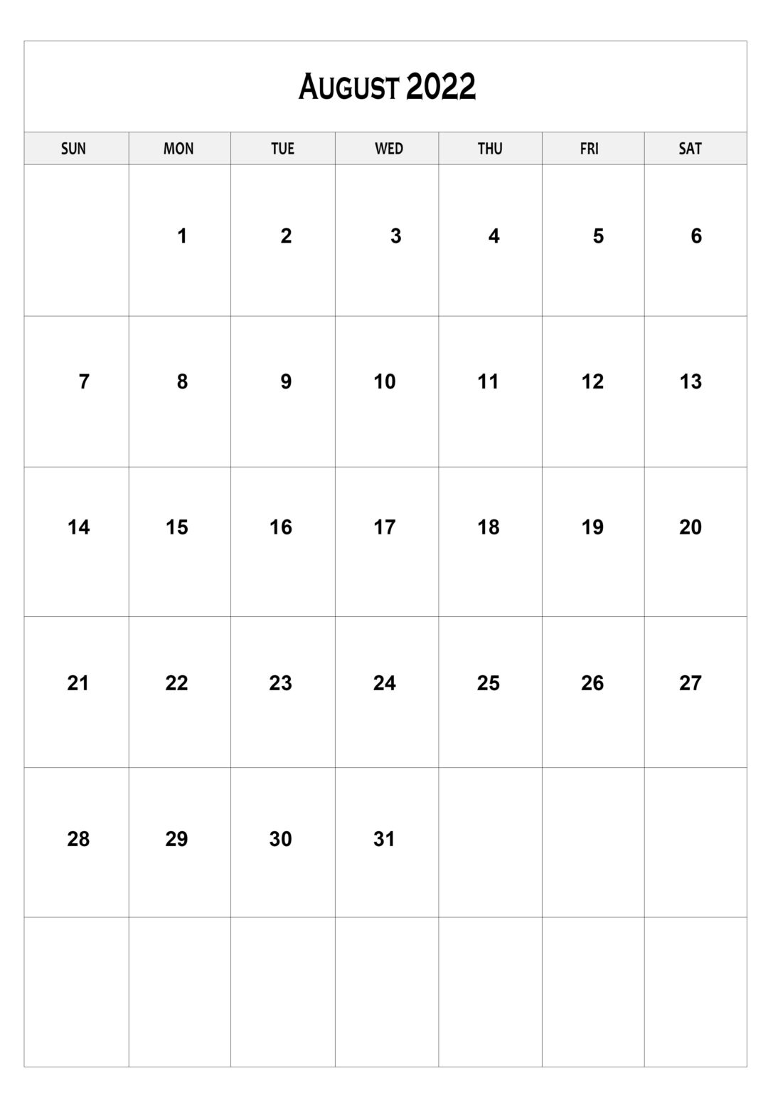 Free Printable August calendar 2022 A4 Size Template