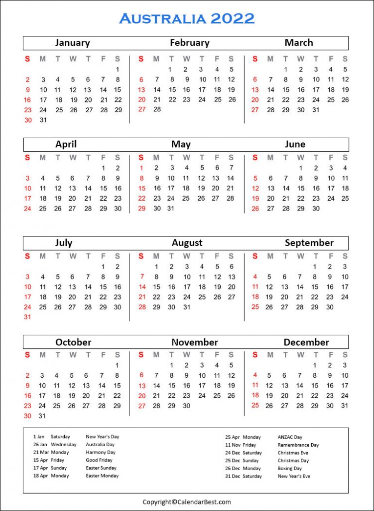 Australia Calendar 2022 with Holidays