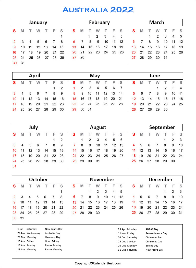 Free Printable Australia Calendar 2022 With Holidays