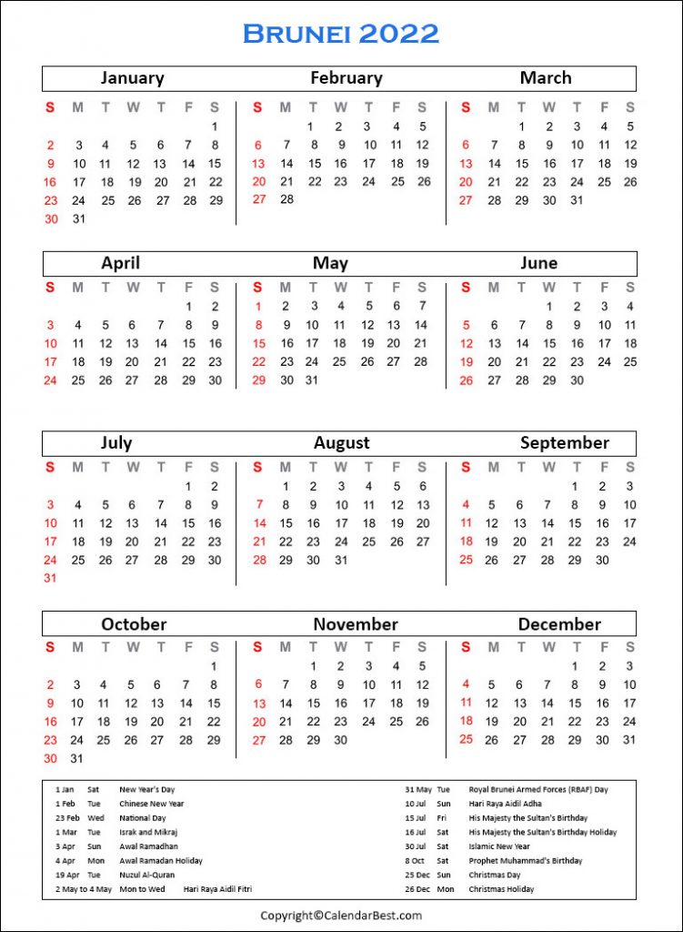 Brunei Calendar 2022