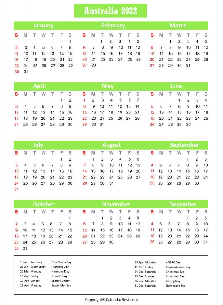 Australia Holiday Calendar 2022