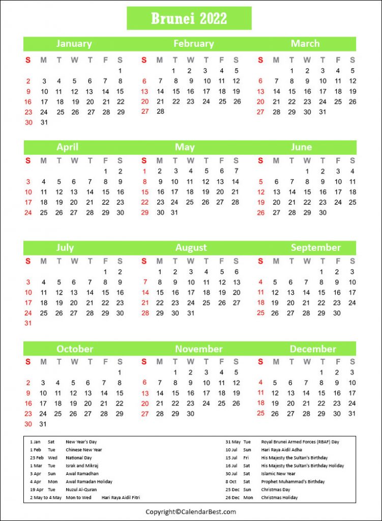 Brunei Holiday Calendar 2022