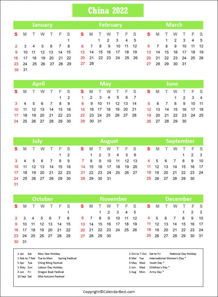 China Calendar 2022