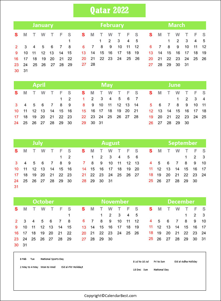 Free Printable Qatar Calendar 2022 With Holidays