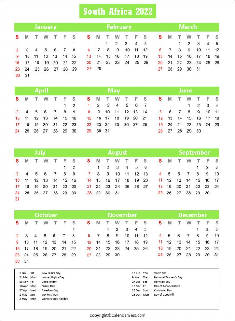 South Africa Calendar 2022