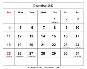 Free Printable December Calendar 2022 with Holidays