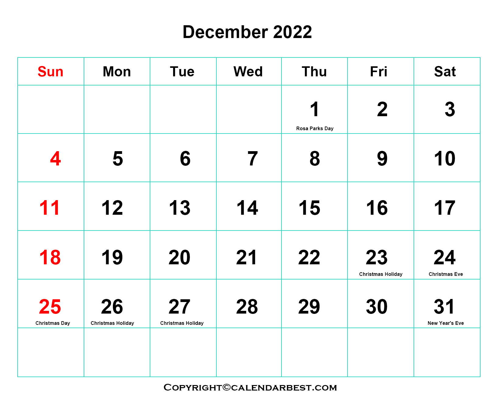 Free Printable December Calendar 2022 with Holidays