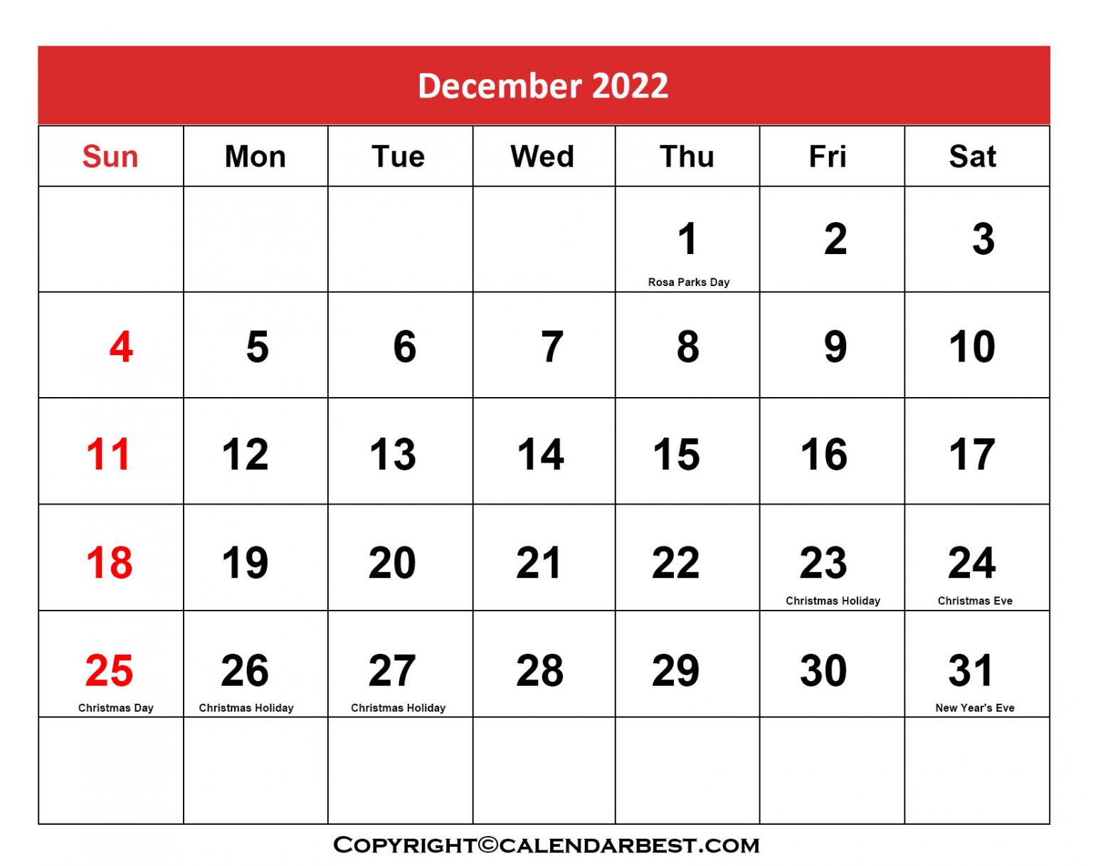 Free Printable December Calendar 2022 with Holidays