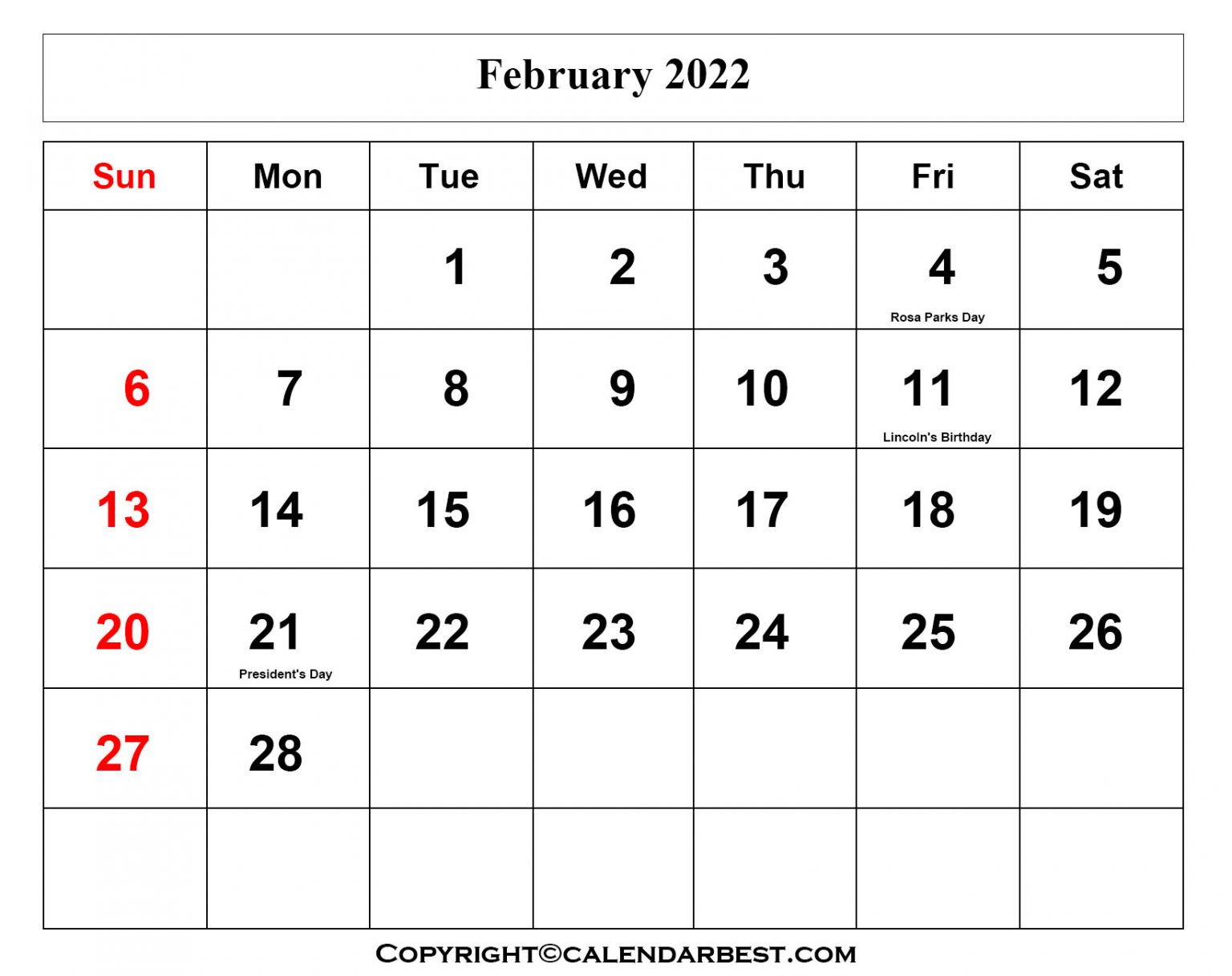 Free Printable February Calendar 2022 with Holidays