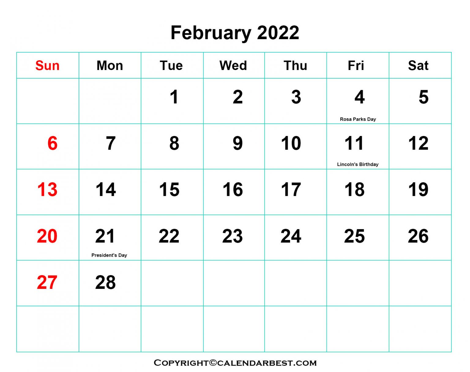 Free Printable February Calendar 2022 with Holidays