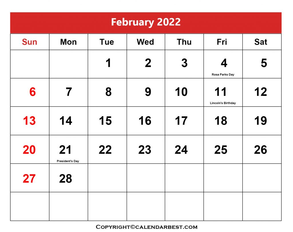 February Holiday Calendar 2022