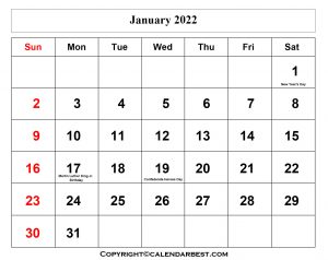 Free Printable January Calendar 2022 with Holidays