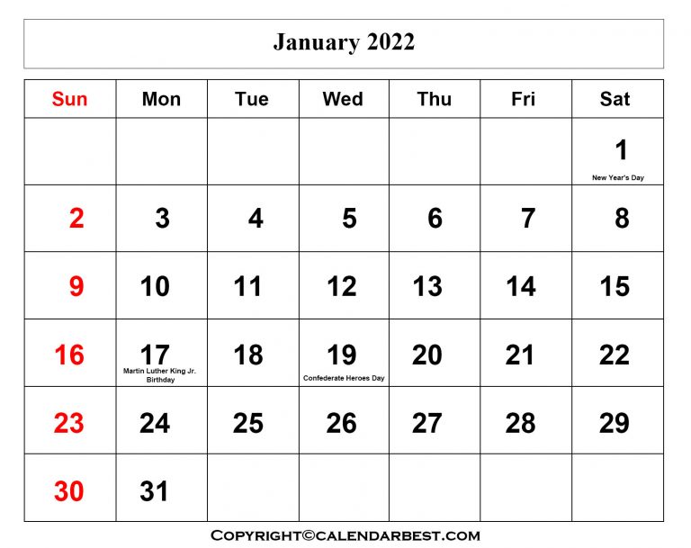 January 2022 Calendar With Holidays Printable January 2022 Printable