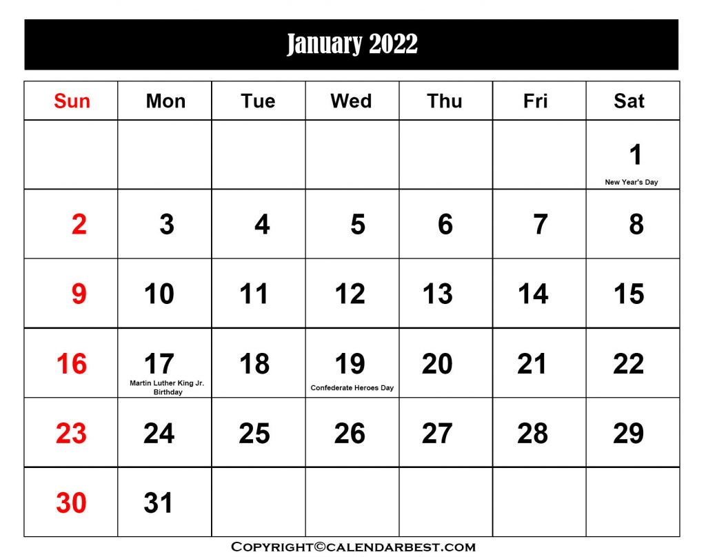 January Holiday Calendar 2022