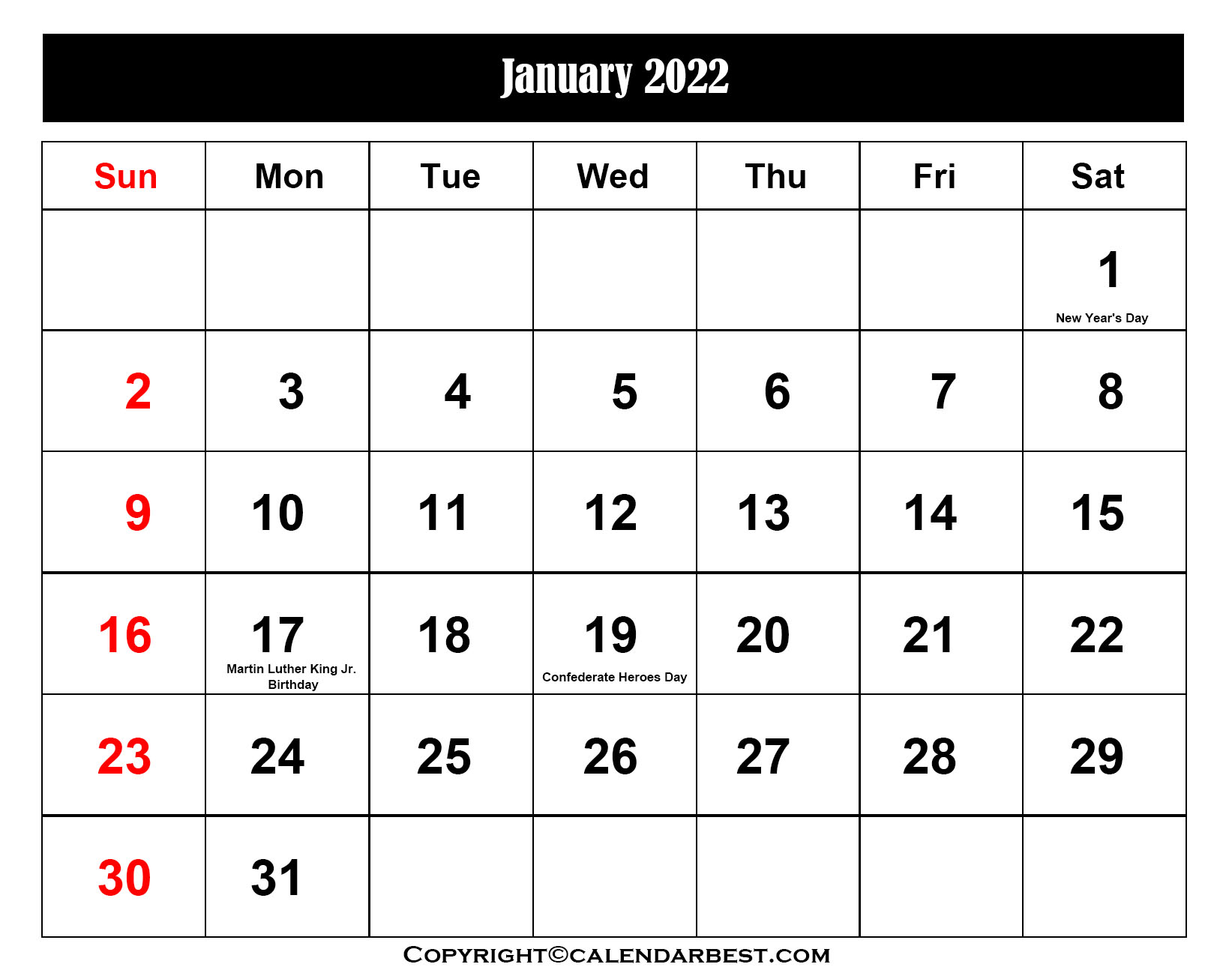 January Calendar 2022 with Holiday | Best Printable Calendar