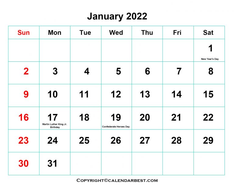 free printable january calendar 2022 with holidays