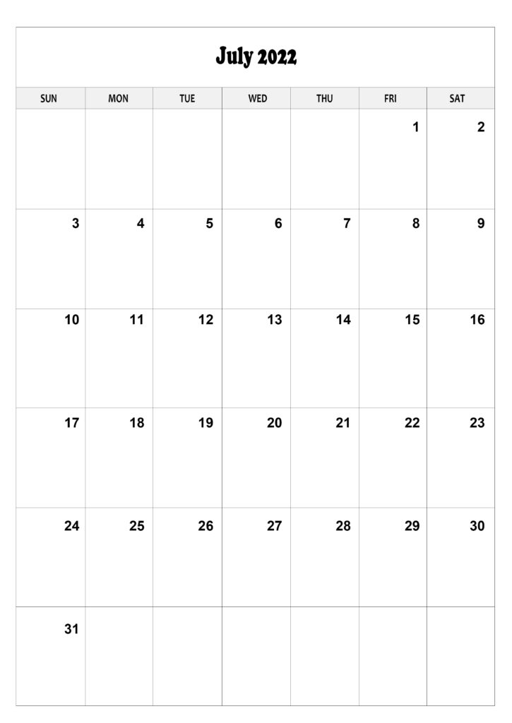 A4 July Calendar 2022