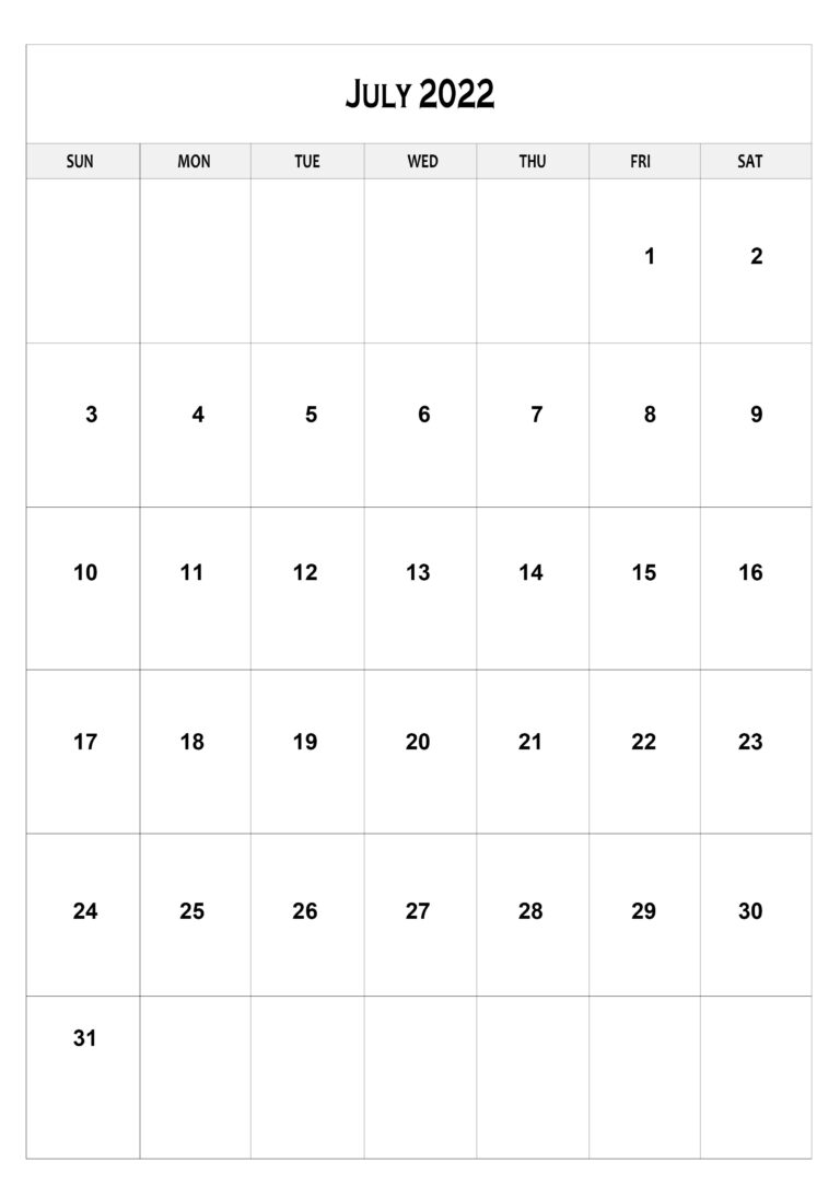 Free Printable July calendar 2022 A4 Size Template