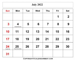 Free Printable July Calendar 2022 With Holidays in PDF