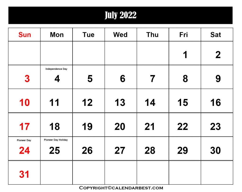 July Holiday Calendar 2022