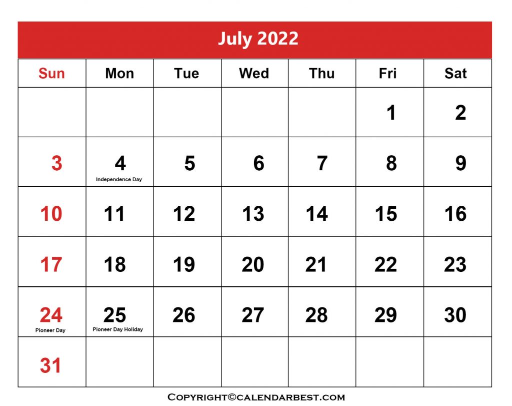 2022 July Holiday Calendar