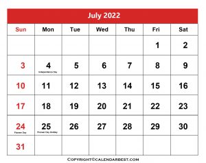 Free Printable July Calendar 2022 With Holidays in PDF