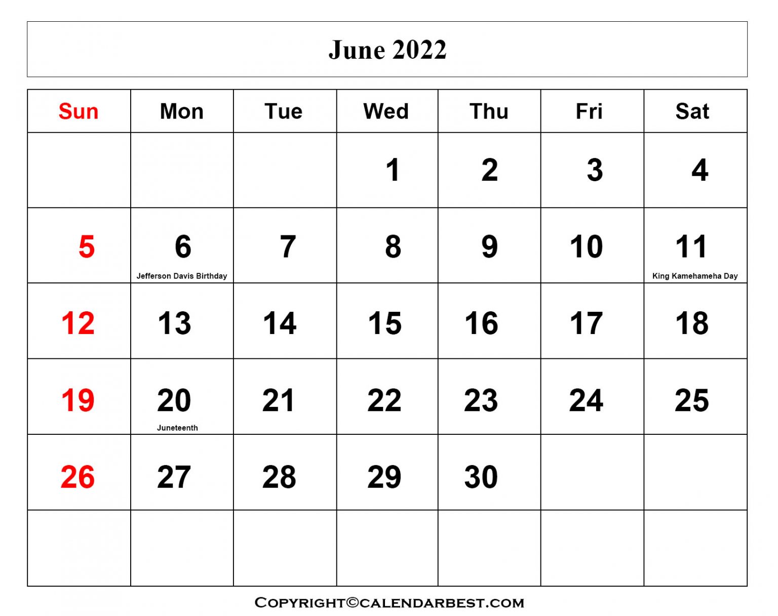 Free Printable June Calendar 2022 With Holidays