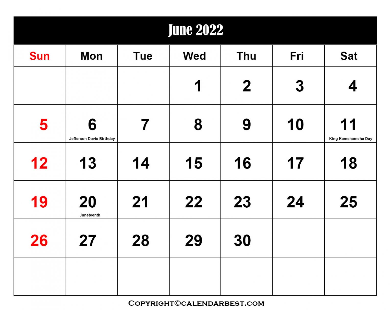 Free Printable June Calendar 2022 With Holidays