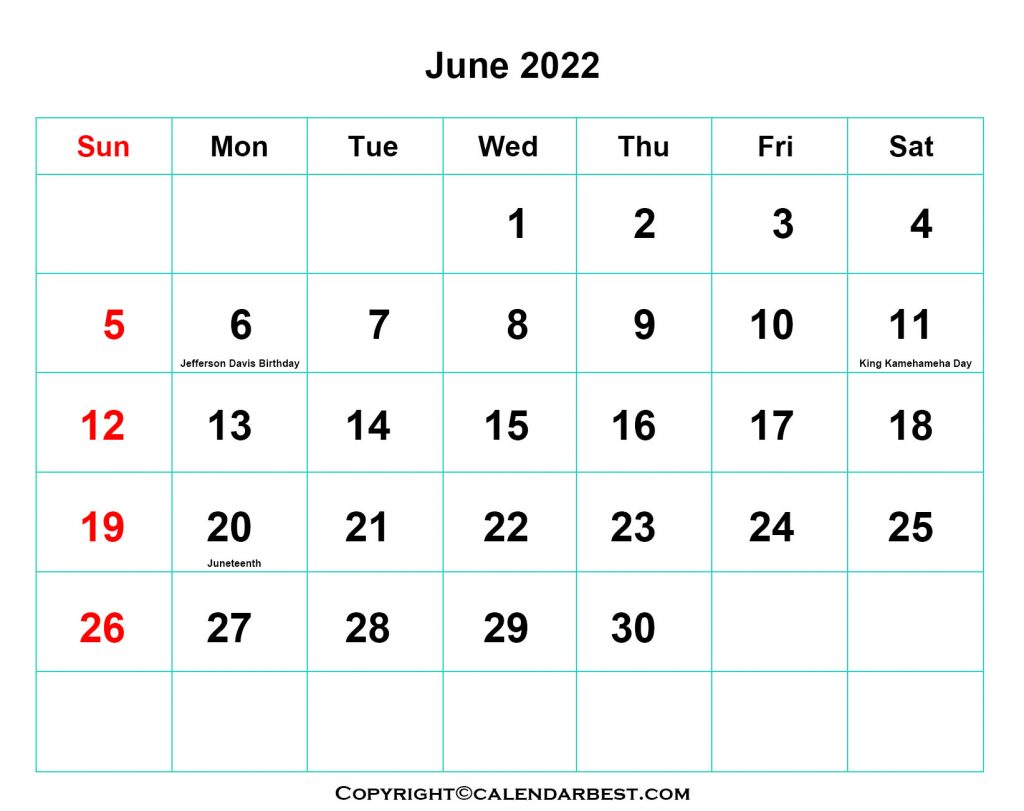 June Holiday Calendar 2022