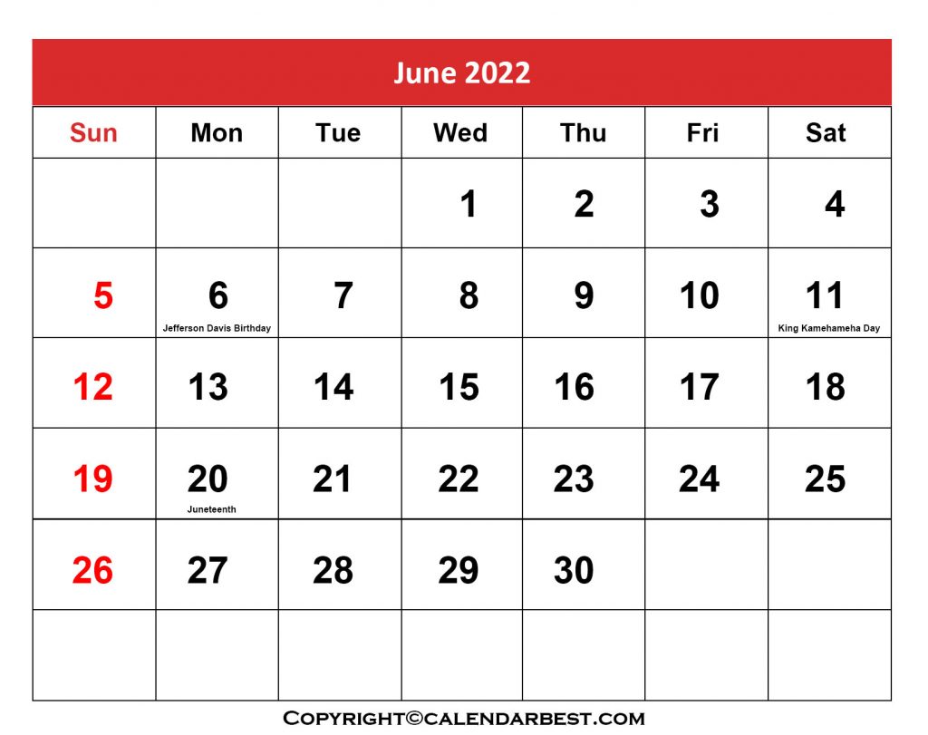 June Calendar 2022 with Holidays