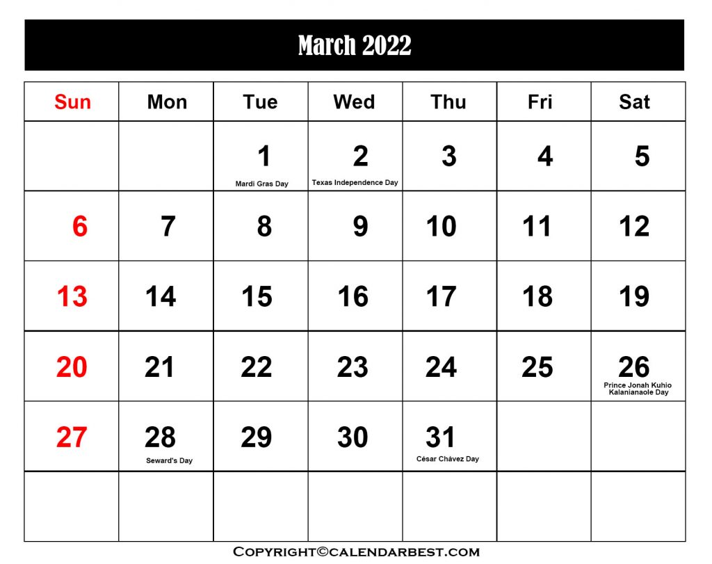 March Holiday Calendar 2022