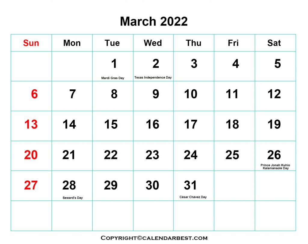 2022 March Holiday Calendar