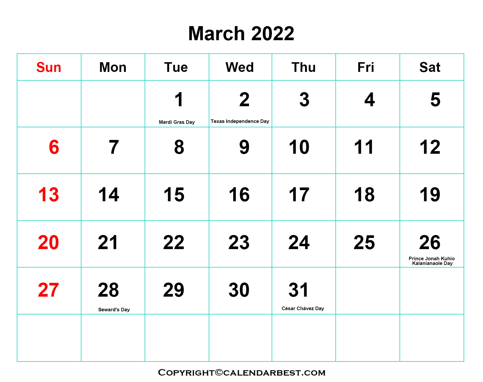 Free Printable March Calendar 2022 with Holidays in PDF