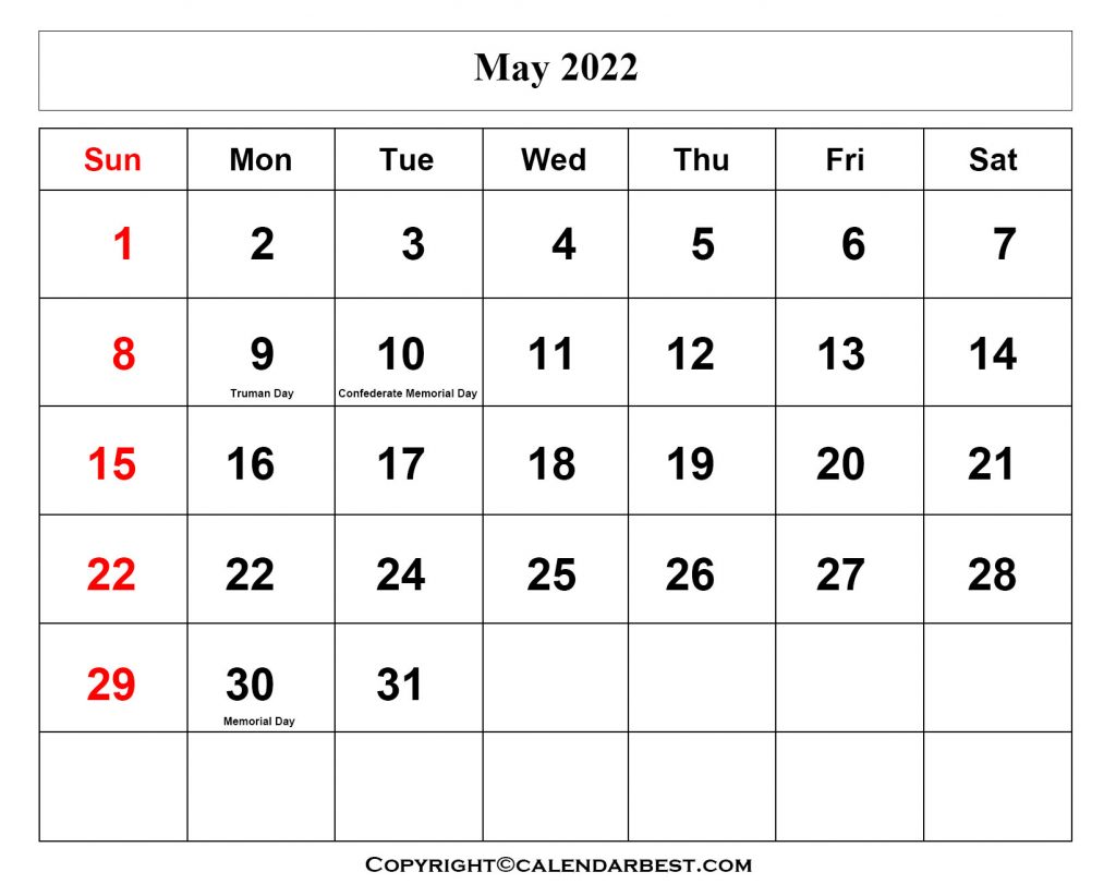 May calendar 2022 with holidays