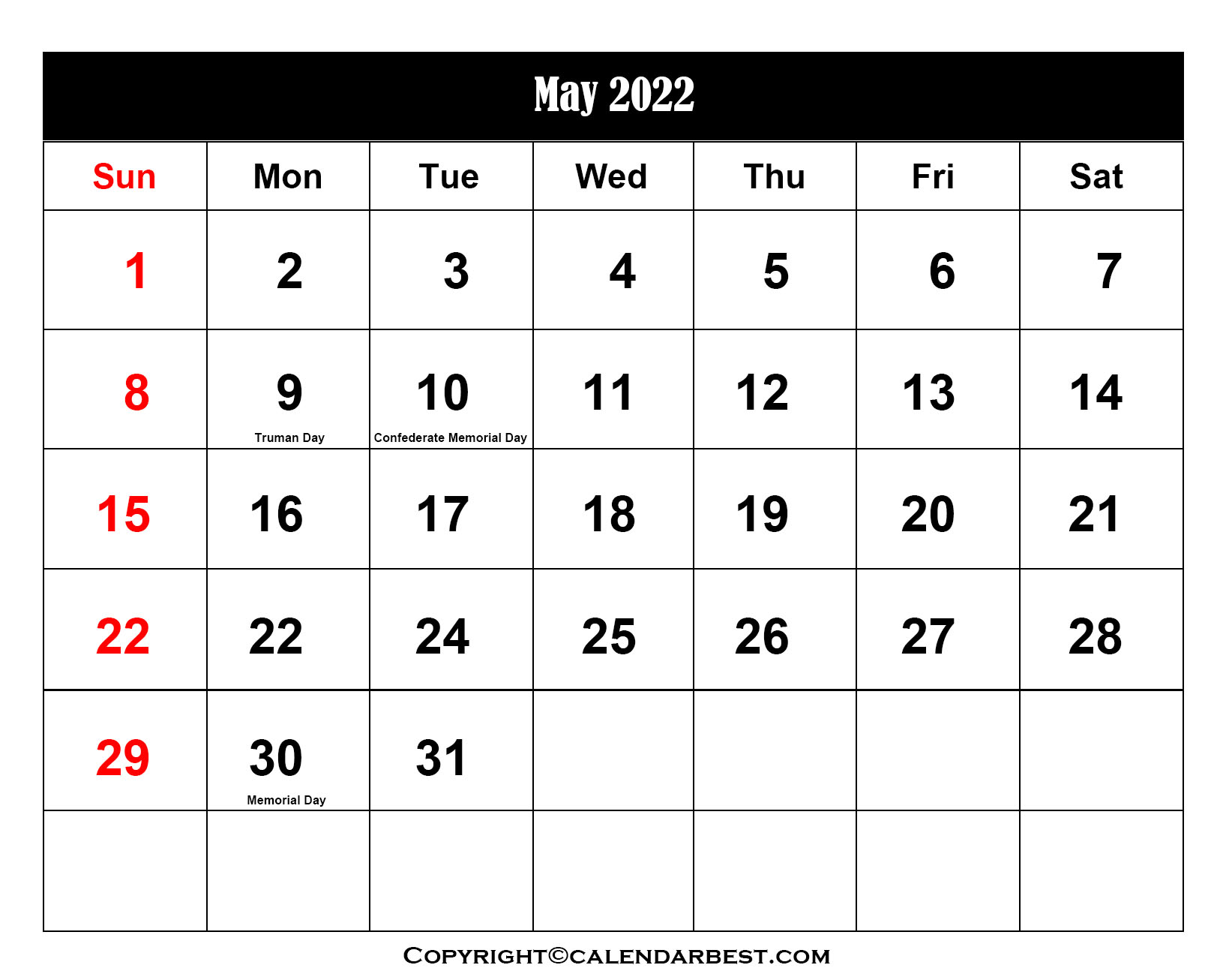 Free Printable May Calendar 2022 with Holidays in PDF