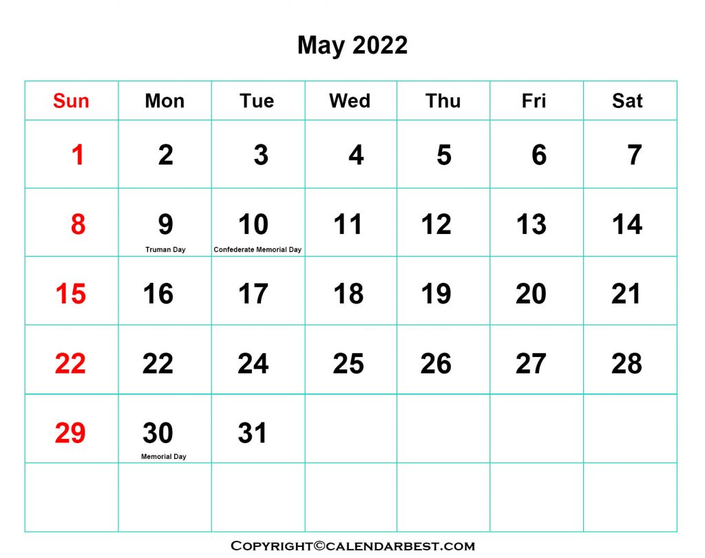 2022 May Holiday Calendar