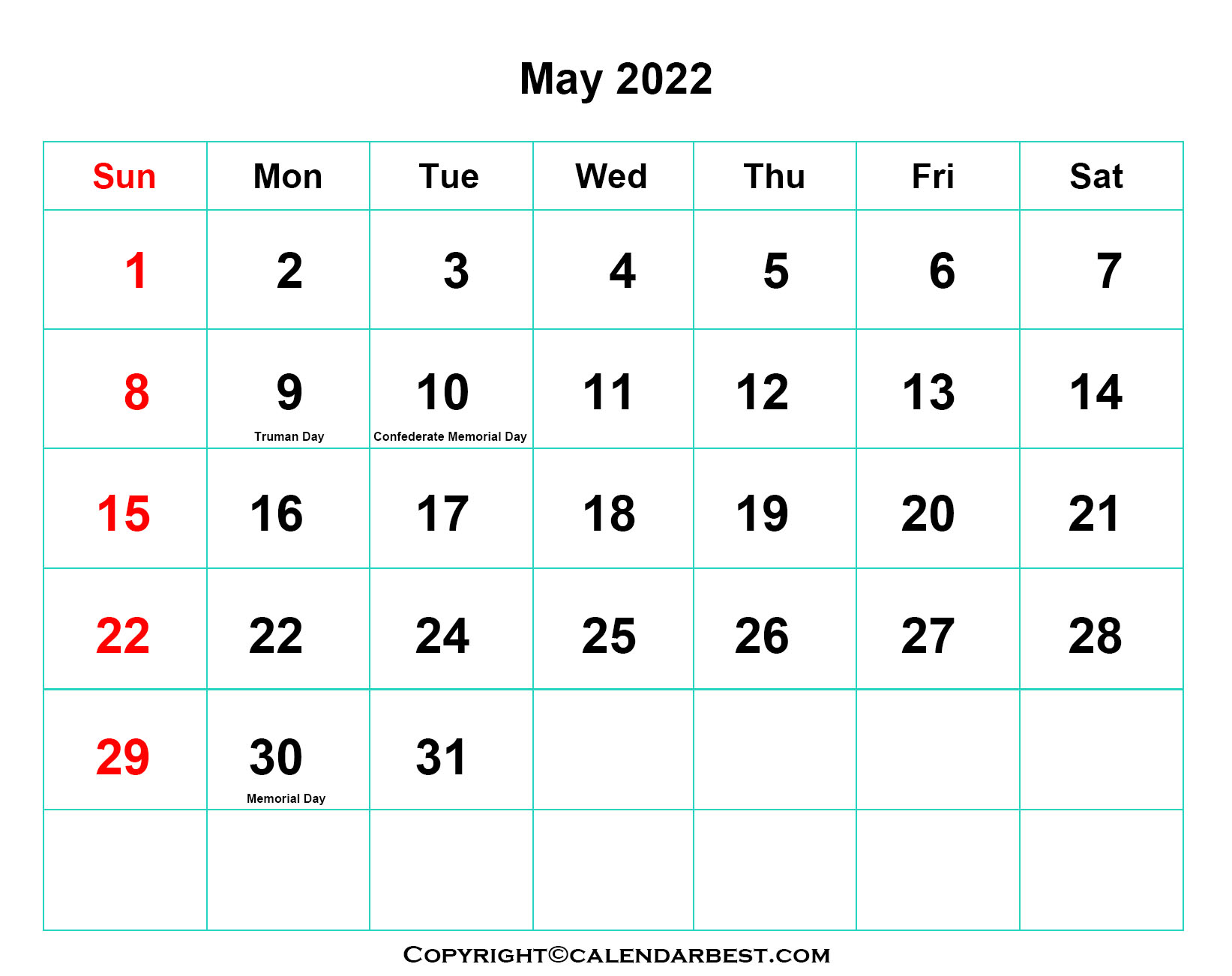 Free Printable May Calendar 2022 with Holidays in PDF