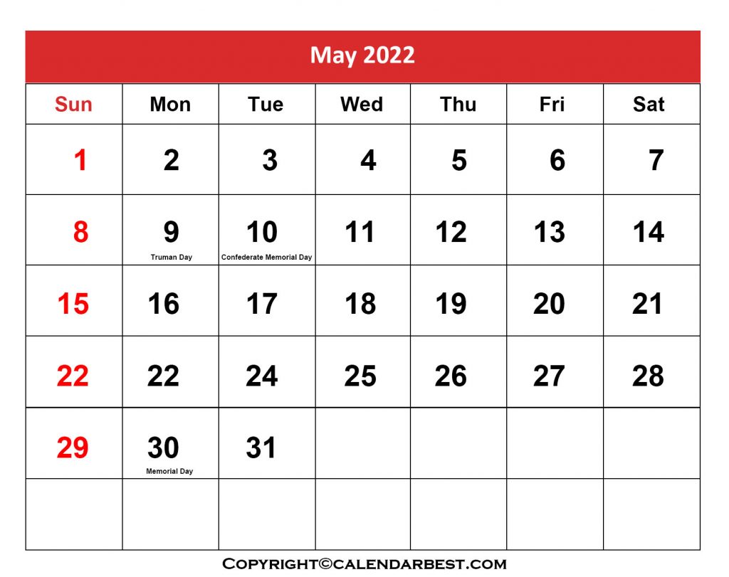 May Holiday Calendar 2022