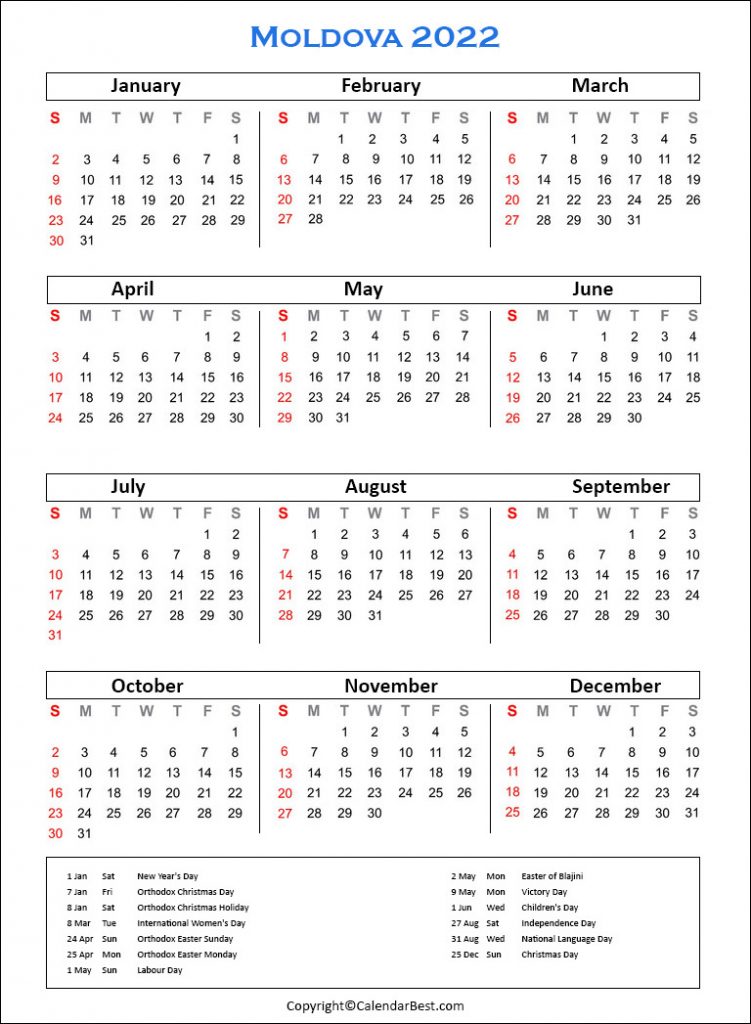 Moldova Calendar 2022